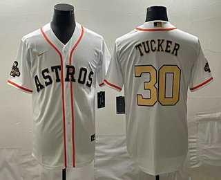 Men%27s Houston Astros #30 Kyle Tucker 2023 White Gold World Serise Champions Patch Cool Base Stitched Jersey